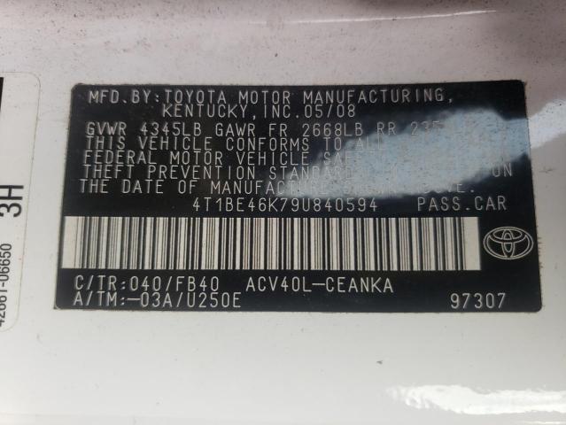 Photo 10 from auction – 2009 TOYOTA CAMRY BASE with VIN 4T1BE46K79U840594