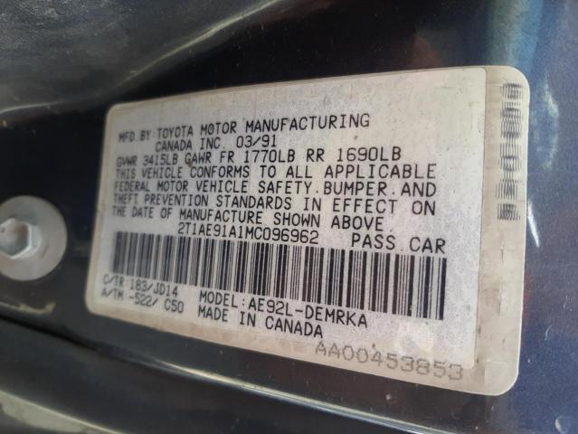 Photo 10 from auction – 1991 TOYOTA COROLLA with VIN 2T1AE91A1MC096962