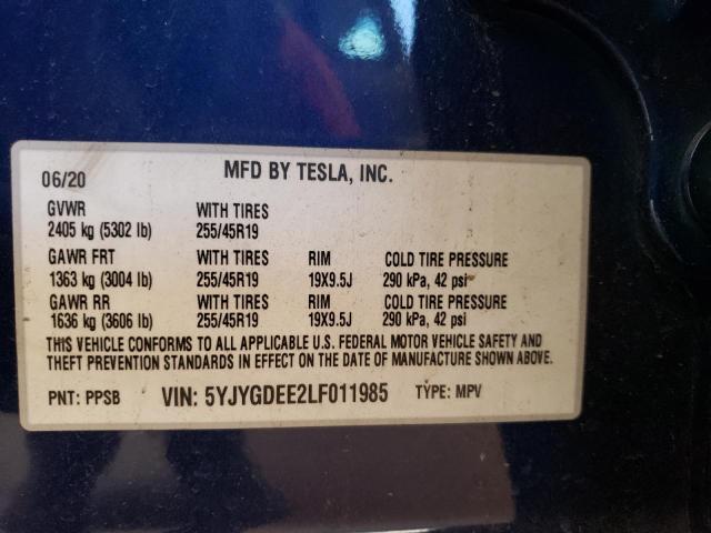 Photo 10 from auction – 2020 TESLA MODEL Y with VIN 5YJYGDEE2LF011985