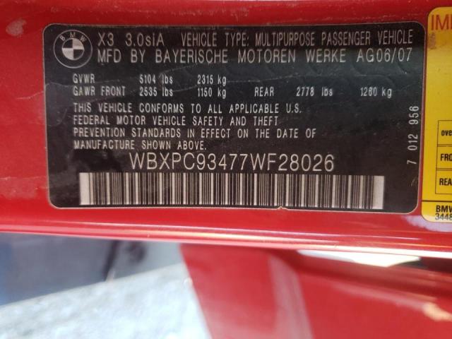 Photo 10 from auction – 2007 BMW X3 3.0SI with VIN WBXPC93477WF28026