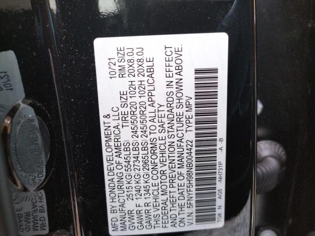 Photo 10 from auction – 2022 HONDA PILOT TOUR with VIN 5FNYF5H98NB004422
