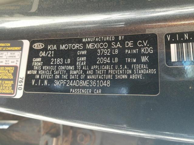 Photo 10 from auction – 2021 KIA FORTE FE with VIN 3KPF24AD8ME361048