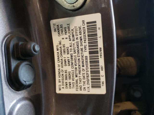 Photo 10 from auction – 2012 HONDA CIVIC LX with VIN 2HGFB2F57CH559369