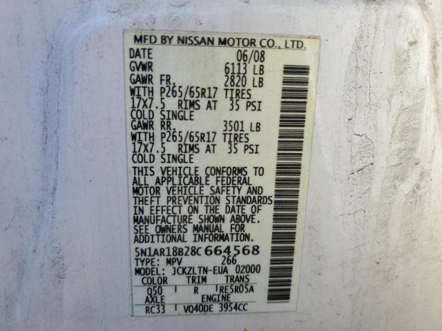 Photo 10 from auction – 2008 NISSAN PATHFINDER with VIN 5N1AR18B28C664568