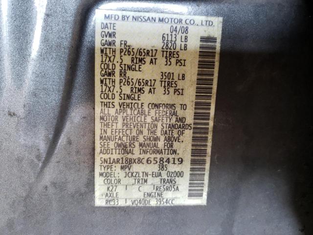 Photo 10 from auction – 2008 NISSAN PATHFINDER with VIN 5N1AR18BX8C658419