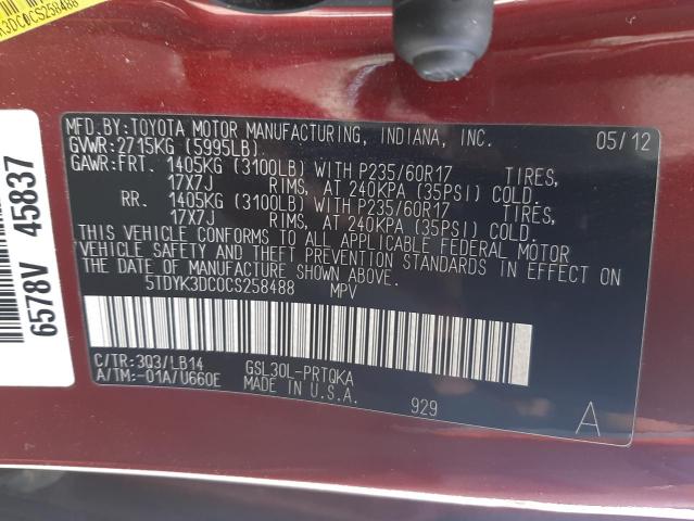 Photo 10 from auction – 2012 TOYOTA SIENNA XLE with VIN 5TDYK3DC0CS258488