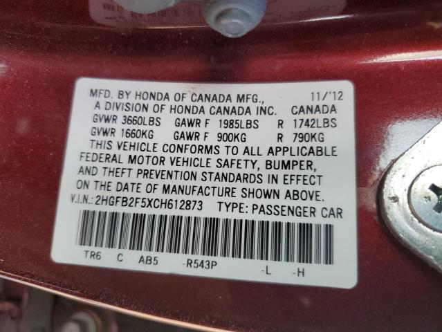 Photo 10 from auction – 2012 HONDA CIVIC LX with VIN 2HGFB2F5XCH612873