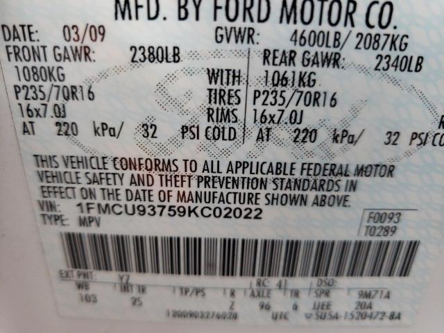 Photo 10 from auction – 2009 FORD ESCAPE XLT with VIN 1FMCU93759KC02022