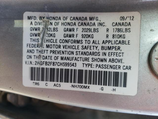 Photo 10 from auction – 2012 HONDA CIVIC EX with VIN 2HGFB2F87CH599543