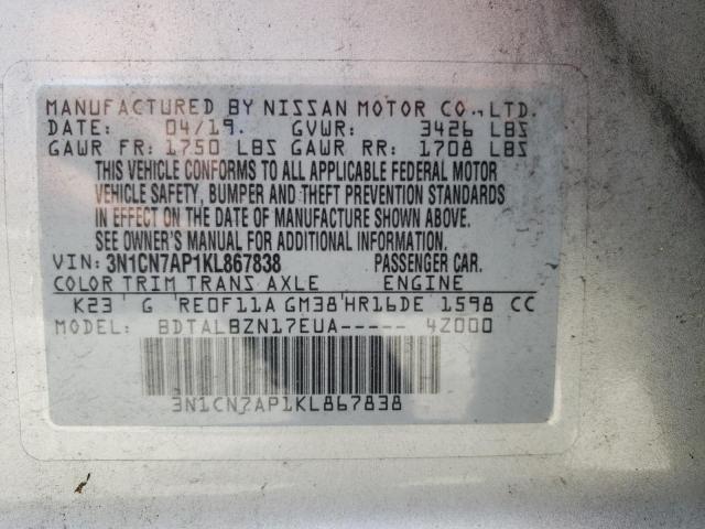 Photo 10 from auction – 2019 NISSAN VERSA S with VIN 3N1CN7AP1KL867838