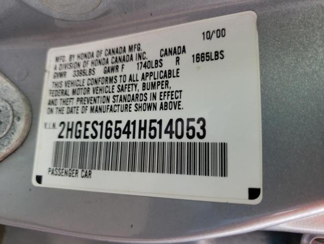 Photo 10 from auction – 2001 HONDA CIVIC LX with VIN 2HGES16541H514053