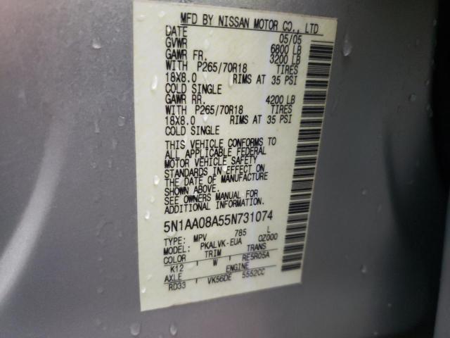 Photo 10 from auction – 2005 NISSAN ARMADA SE with VIN 5N1AA08A55N731074