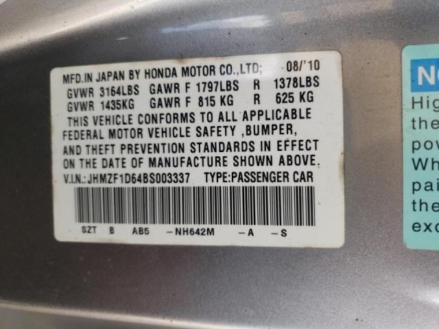 Photo 10 from auction – 2011 HONDA CR-Z EX with VIN JHMZF1D64BS003337