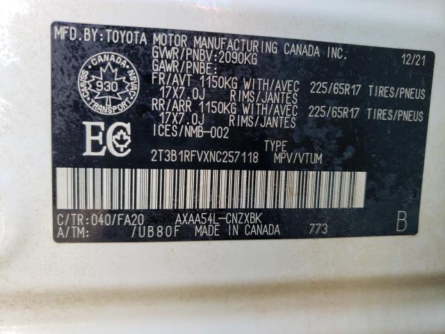 Photo 10 from auction – 2022 TOYOTA RAV4 LE with VIN 2T3B1RFVXNC257118