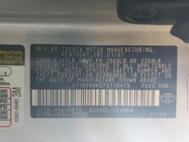Photo 10 from auction – 2007 TOYOTA CAMRY CE with VIN 4T1BE46K07U119479