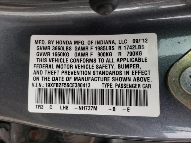 Photo 10 from auction – 2012 HONDA CIVIC LX with VIN 19XFB2F56CE380413