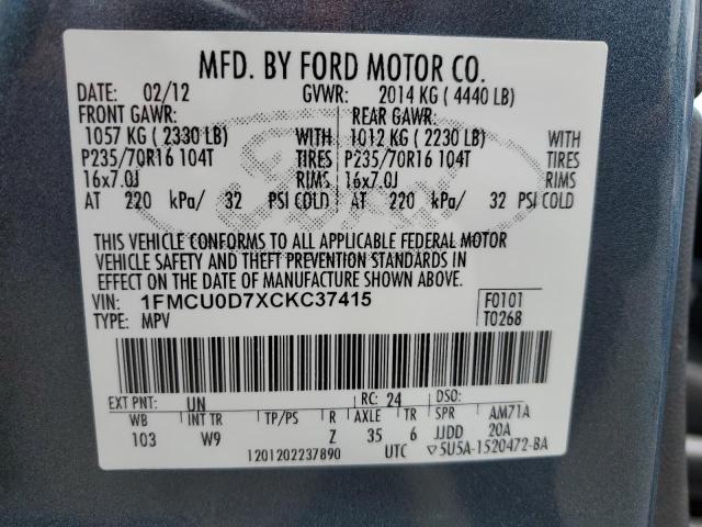 Photo 10 from auction – 2012 FORD ESCAPE XLT with VIN 1FMCU0D7XCKC37415
