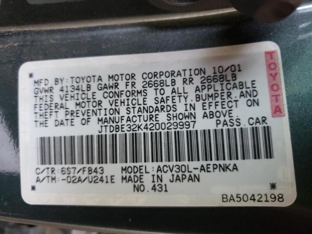 Photo 10 from auction – 2002 TOYOTA CAMRY LE with VIN JTDBE32K420029997