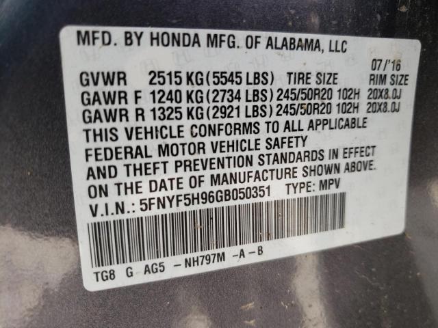 Photo 10 from auction – 2016 HONDA PILOT TOUR with VIN 5FNYF5H96GB050351