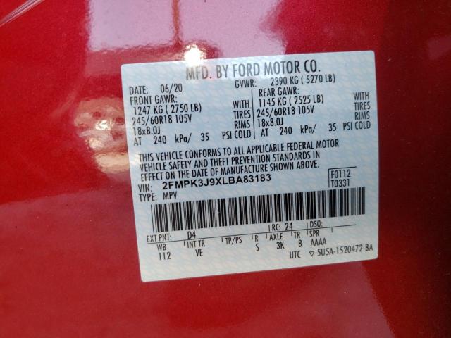 Photo 10 from auction – 2020 FORD EDGE SEL with VIN 2FMPK3J9XLBA83183