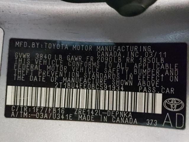 Photo 10 from auction – 2011 TOYOTA COROLLA BA with VIN 2T1BU4EE0BC591934