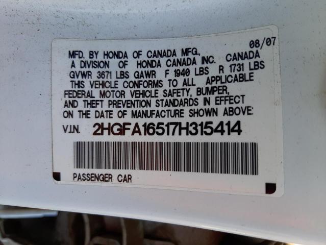 Photo 10 from auction – 2007 HONDA CIVIC LX with VIN 2HGFA16517H315414