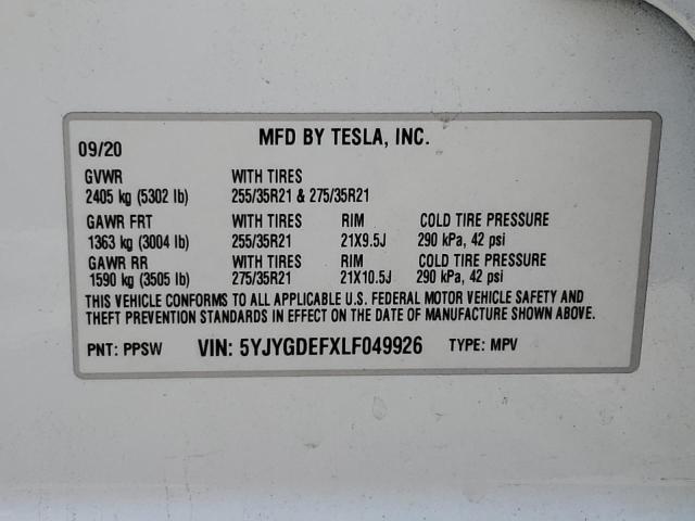 Photo 10 from auction – 2020 TESLA MODEL Y with VIN 5YJYGDEFXLF049926