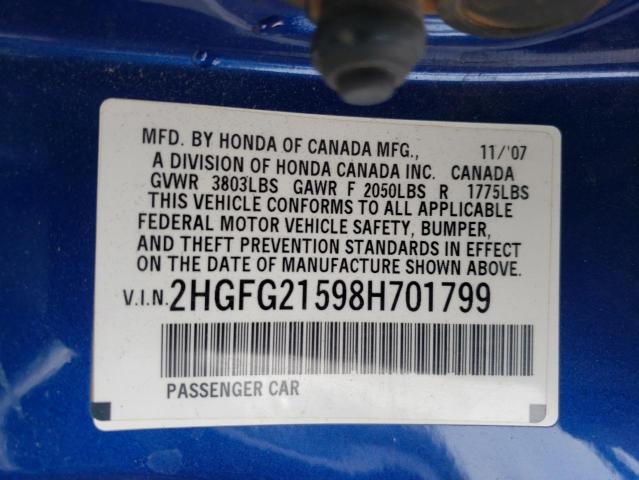 Photo 10 from auction – 2008 HONDA CIVIC SI with VIN 2HGFG21598H701799