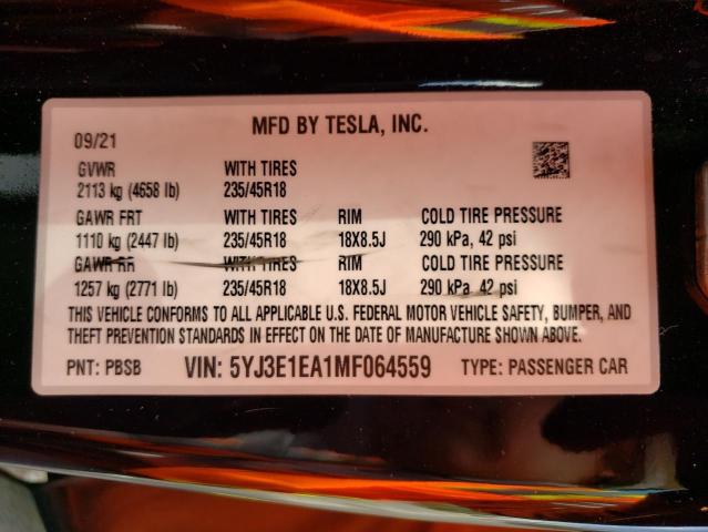 Photo 10 from auction – 2021 TESLA MODEL 3 with VIN 5YJ3E1EA1MF064559