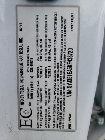 Photo 10 from auction – 2019 TESLA MODEL 3 with VIN 5YJ3E1EA5KF438720
