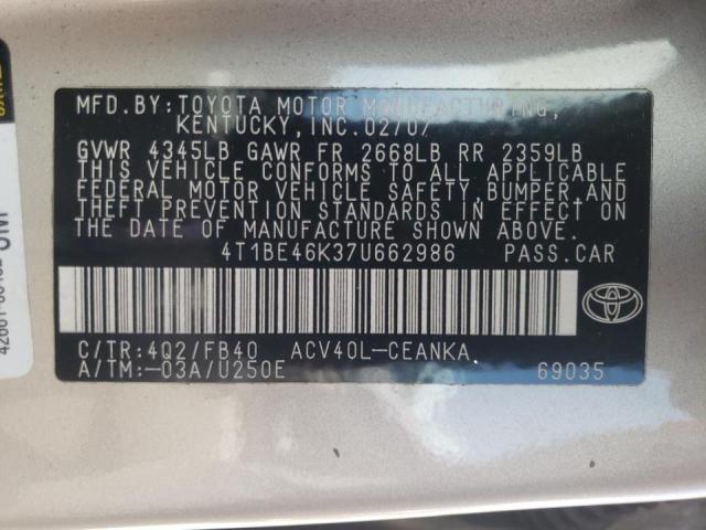 Photo 10 from auction – 2007 TOYOTA CAMRY CE with VIN 4T1BE46K37U662986