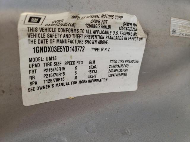 Photo 10 from auction – 2000 CHEVROLET VENTURE with VIN 1GNDX03E5YD140772