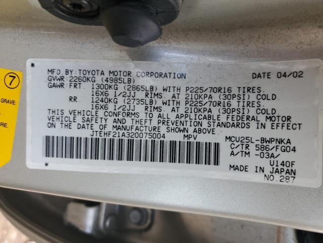 Photo 10 from auction – 2002 TOYOTA HIGHLANDER with VIN JTEHF21A320075004