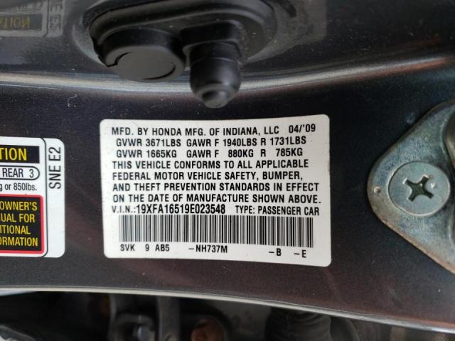 Photo 10 from auction – 2009 HONDA CIVIC LX with VIN 19XFA16519E023548