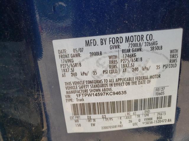 Photo 10 from auction – 2007 FORD F150 SUPER with VIN 1FTPW14597KC94635