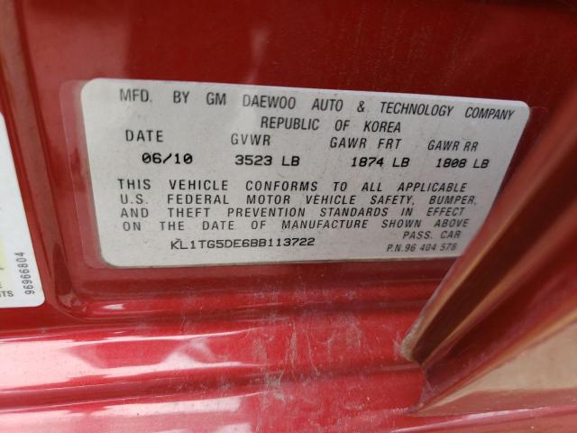 Photo 10 from auction – 2011 CHEVROLET AVEO LT with VIN KL1TG5DE6BB113722