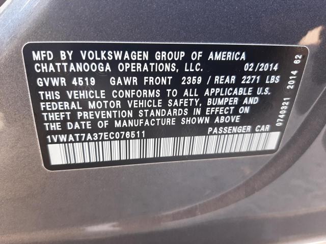 Photo 10 from auction – 2014 VOLKSWAGEN PASSAT S with VIN 1VWAT7A37EC076511