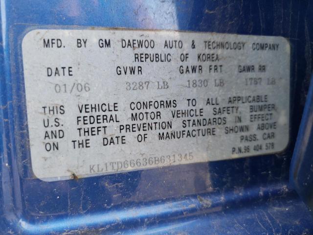 Photo 10 from auction – 2006 CHEVROLET AVEO BASE with VIN KL1TD66636B631345