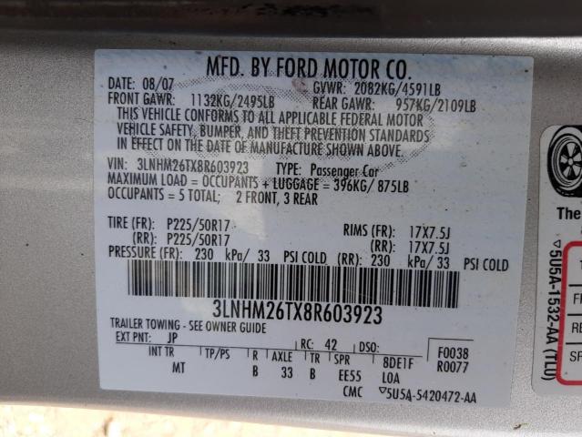 Photo 10 from auction – 2008 LINCOLN MKZ with VIN 3LNHM26TX8R603923