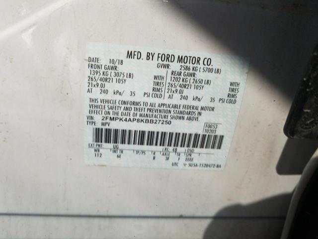 Photo 10 from auction – 2019 FORD EDGE ST with VIN 2FMPK4AP8KBB27250
