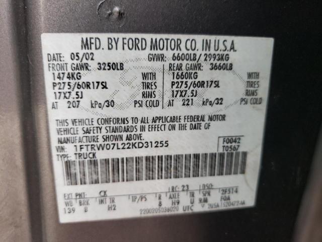 Photo 10 from auction – 2002 FORD F150 SUPER with VIN 1FTRW07L22KD31255