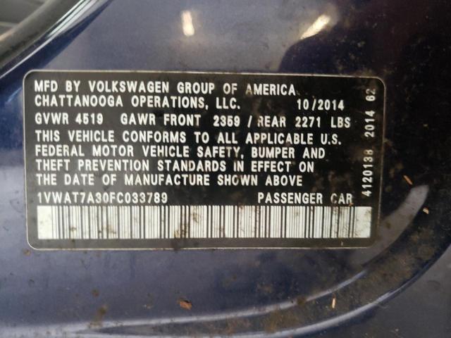 Photo 10 from auction – 2015 VOLKSWAGEN PASSAT S with VIN 1VWAT7A30FC033789