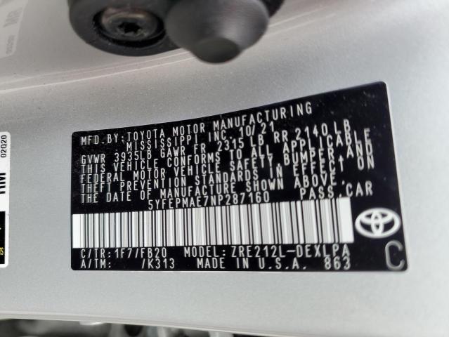 Photo 10 from auction – 2022 TOYOTA COROLLA LE with VIN 5YFEPMAE7NP287160