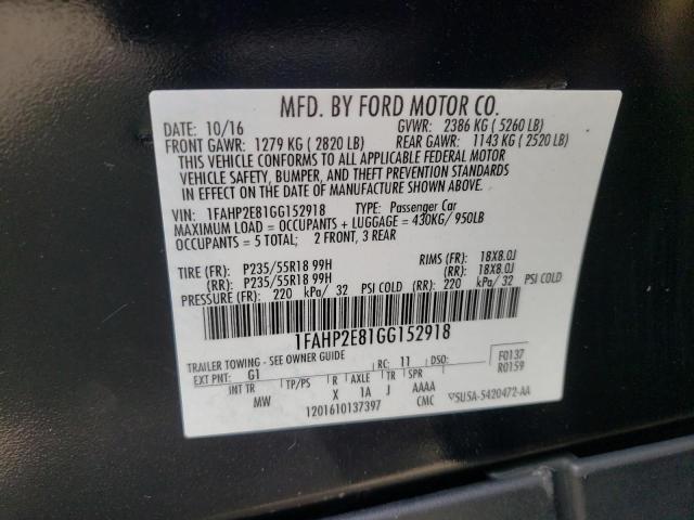 Photo 10 from auction – 2016 FORD TAURUS SEL with VIN 1FAHP2E81GG152918