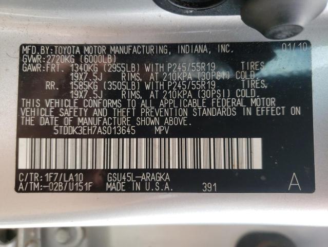 Photo 10 from auction – 2010 TOYOTA HIGHLANDER with VIN 5TDDK3EH7AS013645