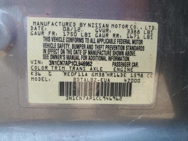 Photo 10 from auction – 2012 NISSAN VERSA S with VIN 3N1CN7AP1CL946962