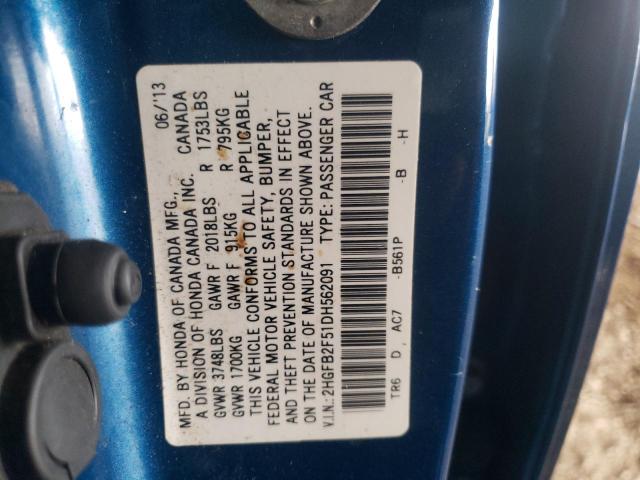 Photo 10 from auction – 2013 HONDA CIVIC LX with VIN 2HGFB2F51DH562091