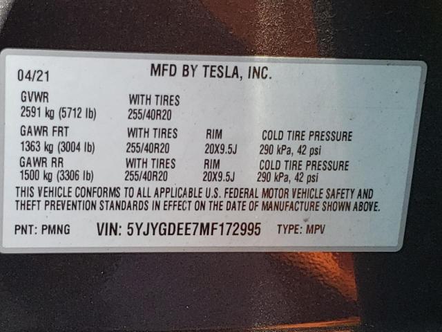 Photo 10 from auction – 2021 TESLA MODEL Y with VIN 5YJYGDEE7MF172995