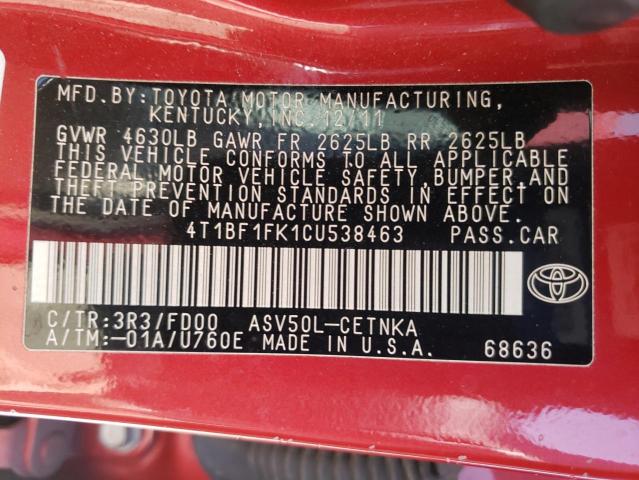 Photo 10 from auction – 2012 TOYOTA CAMRY BASE with VIN 4T1BF1FK1CU538463
