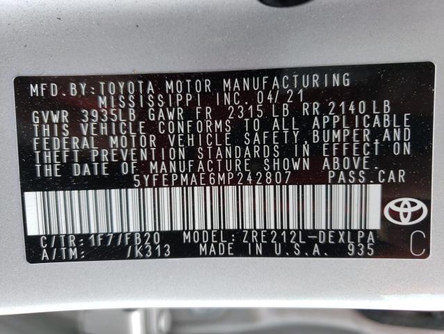 Photo 10 from auction – 2021 TOYOTA COROLLA LE with VIN 5YFEPMAE6MP242807